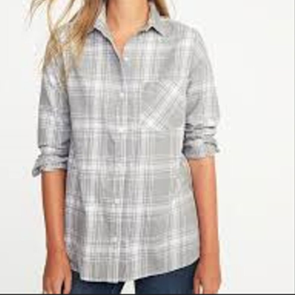 EUC Old Navy Grey Plaid Long Sleeve Boyfriend Flannel, WXS